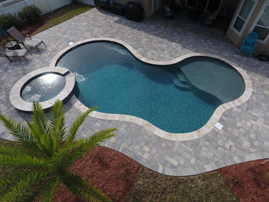 Freeform pool and spa with palms
